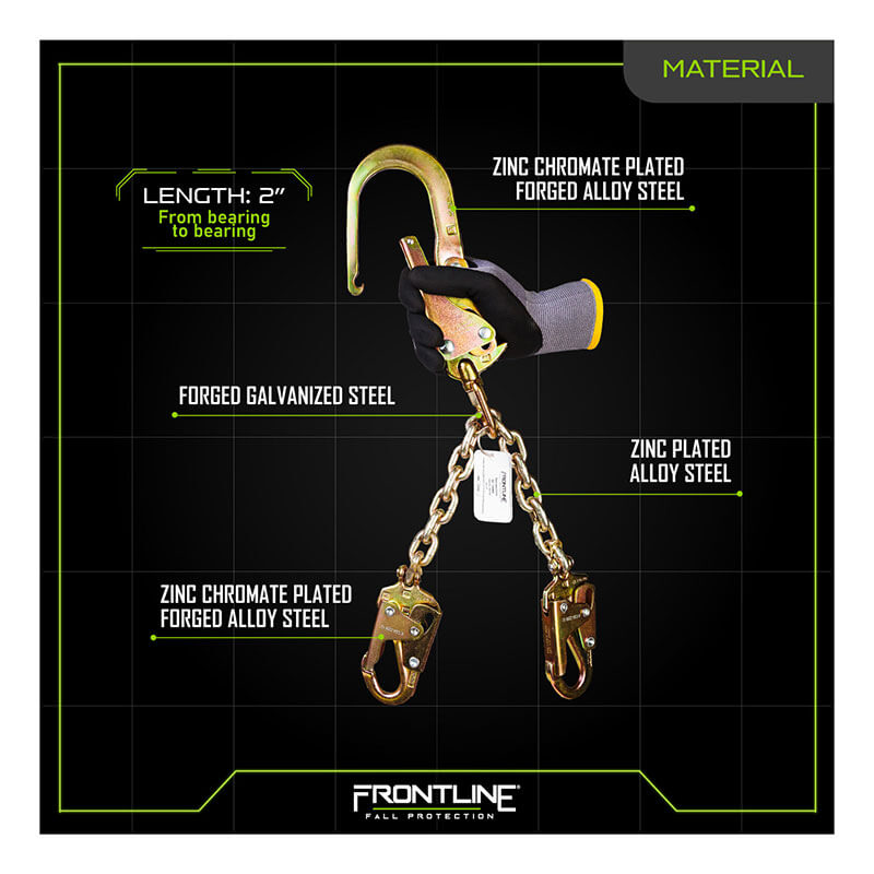 A gloved hand holds a Frontline Patriot Positioning Chain w/Swivel Hook PSSW2R-US, showing forged galvanized steel and zinc plated forged alloy steel hooks, against a black diagram background. "Frontline Fall Production" branding appears below.
