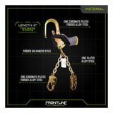 A gloved hand holds a Frontline Patriot Positioning Chain w/Swivel Hook PSSW2R-US, showing forged galvanized steel and zinc plated forged alloy steel hooks, against a black diagram background. "Frontline Fall Production" branding appears below.