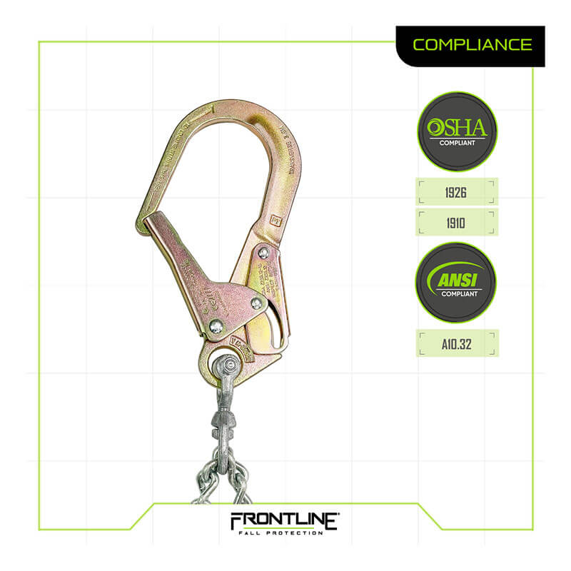 The Frontline Patriot Positioning Chain w/Swivel Hook PSSW2R-US by Frontline Fall Protection is shown with a gold-colored snap hook on a white background. OSHA 1926/1910 and ANSI A10.32 badges appear to the right, with the brand logo below. Ideal for working at heights.