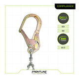 The Frontline Patriot Positioning Chain w/Swivel Hook PSSW2R-US by Frontline Fall Protection is shown with a gold-colored snap hook on a white background. OSHA 1926/1910 and ANSI A10.32 badges appear to the right, with the brand logo below. Ideal for working at heights.