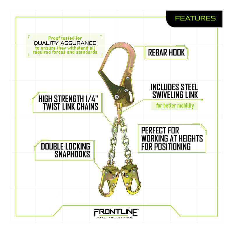Image of the Frontline Rebar Positioning Chain Assembly w/Swivel PSSW2R by Frontline Fall Protection, highlighting features like rebar hook, steel swivel link, work positioning swivel hooks, 1/4" high-strength twist link chain, and double locking snaphooks.