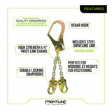 Image of the Frontline Rebar Positioning Chain Assembly w/Swivel PSSW2R by Frontline Fall Protection, highlighting features like rebar hook, steel swivel link, work positioning swivel hooks, 1/4" high-strength twist link chain, and double locking snaphooks.
