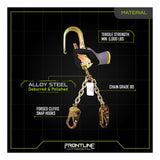 A gloved hand holds a Frontline Rebar Positioning Chain Assembly w/Swivel PSSW2R by Frontline Fall Production, featuring Grade 80 chains, swivel hooks, a 5,000 lbs tensile strength, and a polished deburred finish for secure work positioning.