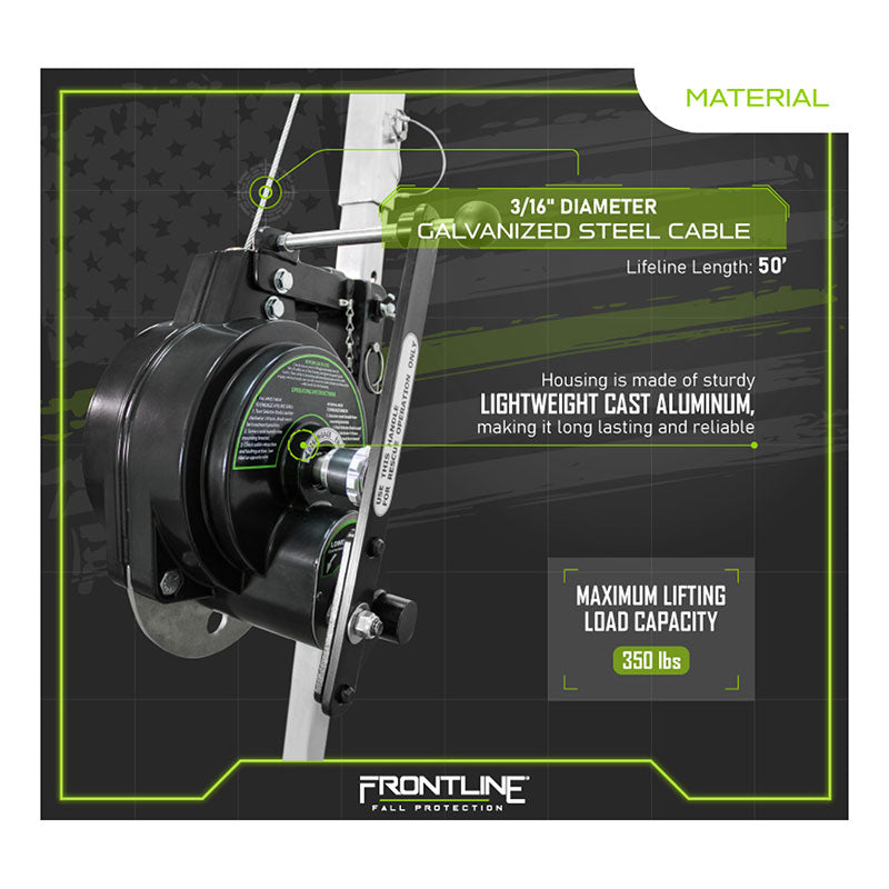 Close-up of the Frontline Patriot 50' 3-Way Retrieval & SRL RAG503W-US by Frontline Fall Protection, featuring a galvanized steel 3/16" cable, lightweight cast aluminum housing, and a 350 lbs lifting load—ideal for confined spaces.