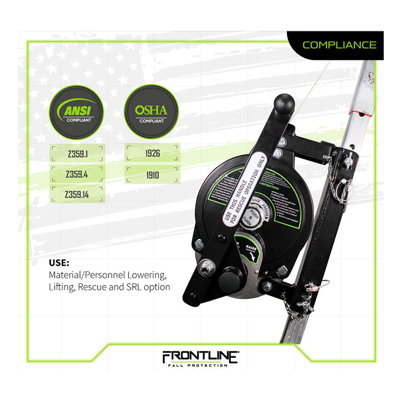 The Frontline Patriot 50' 3-Way Retrieval & SRL RAG503W-US by Frontline Fall Protection is shown mounted on a pole with ANSI and OSHA compliance labels, U.S. flag background, and confined space/rescue usage details.