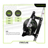 The Frontline Patriot 50' 3-Way Retrieval & SRL RAG503W-US by Frontline Fall Protection is shown mounted on a pole with ANSI and OSHA compliance labels, U.S. flag background, and confined space/rescue usage details.