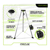 Image of the Frontline Fall Protection Patriot 7' CS Tripod with 3-way retrieval system, showing labeled features: swivel eye bolts, adjustable legs, safety chains, easy setup, SRL compatibility, and anti-skid rubber feet.