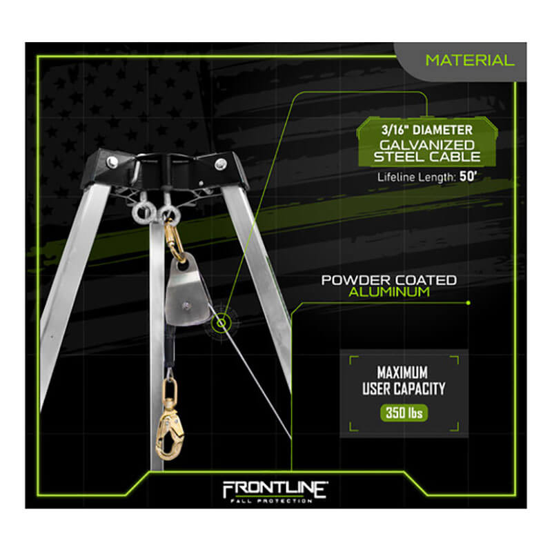 The Frontline Patriot 7' CS Tripod w/3-Way Retrieval System features a 50' galvanized steel cable (3/16" diameter), durable powder-coated aluminum build, and supports up to 350 lbs. Brand: Frontline Fall Production.