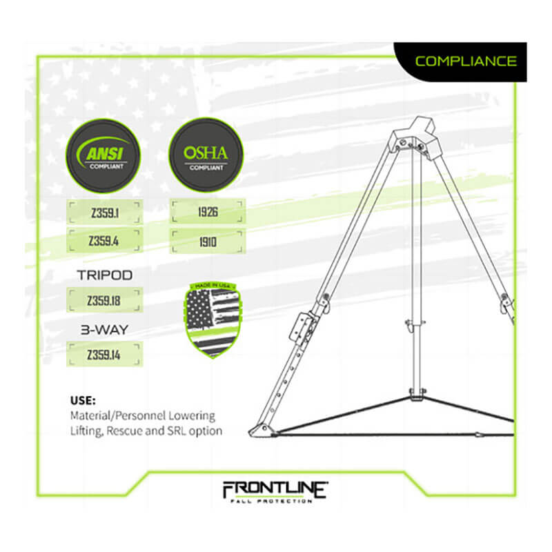 Diagram of the Frontline Patriot 7' CS Tripod w/3-Way Retrieval System by Frontline Fall Protection, made from durable aluminum, ANSI Z359.1/Z359.4 and OSHA 1926/1910 compliant. Ideal for lowering, lifting, rescue, and SRL use.