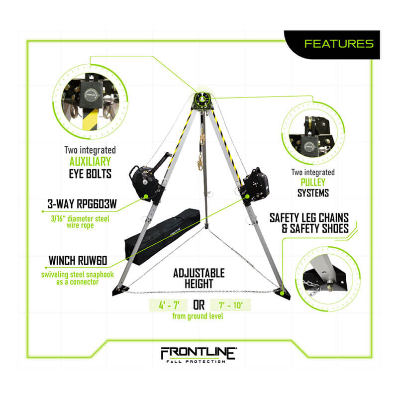 The Frontline MEGApod Aluminum Tripod w/60' Winch & 3-Way SRL features adjustable aluminum legs, auxiliary eye bolts, pulleys, a winch, steel wire rope, safety chains, and labeled rescue/retrieval device by Frontline Fall Protection.