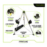 The Frontline MEGApod Aluminum Tripod w/60' Winch & 3-Way SRL features adjustable aluminum legs, auxiliary eye bolts, pulleys, a winch, steel wire rope, safety chains, and labeled rescue/retrieval device by Frontline Fall Protection.