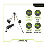 The Frontline MEGApod Aluminum Tripod with 60' Winch and 3-Way SRL is shown in silver with black and yellow accents, featuring OSHA and ANSI text. The Frontline Fall Protection logo appears at the bottom.