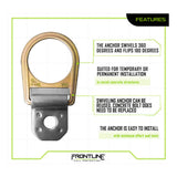 The Frontline Concrete Swiveling Anchor COB01SW by Frontline Fall Production features a circular loop, mounting hole, 360° rotation, easy installation, and is a reusable anchor suitable for temporary or permanent use on concrete structures.
