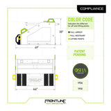Technical drawing of the Frontline Commando Tank Non-Penetrating Fall Protection Cart by Frontline Fall Protection, with side/front views, measurements, OSHA compliance details, color legend, and a "patent pending" safety label.