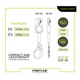 Technical product diagram for the Frontline Aramid Fiber Web SRL w/Steel Rebar Hook End by Frontline Fall Protection, showing front and side views, weights (6 ft: 4.4 lbs; 12 ft: 4.9 lbs), compliance icons, and key safety info.