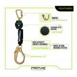 Infographic of the Frontline Aramid Fiber Web SRL w/Steel Rebar Hook End by Frontline Fall Protection, highlighting its swivel steel anchorage eye, durable thermoplastic housing, energy absorber, quick braking system, and 2.76" gate opening.
