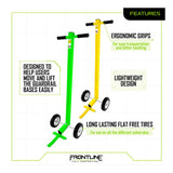 The Frontline Fall Protection Guardrail Base Lifting Dolly GUBDO, in green and yellow with ergonomic grips and flat-free tires, is lightweight, durable, and designed to easily move and lift guardrail bases on any substrate.