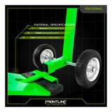 Close-up of the Frontline Guardrail Base Lifting Dolly GUBDO by Frontline Fall Protection—a green/yellow ASTM-rated steel safety device with electrostatic paint, two black rubber wheels, and silver rims for high visibility.