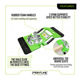 The Frontline Guardrails 56 lbs Base GUB56 by Frontline Fall Protection features rubber foam handles, EPDM supports, sliding rails, and universal toe board slots for safety and ergonomics in guardrail systems.