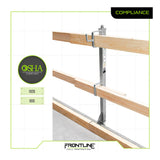 The Frontline Concrete Slab Grabber GUC2X4 by Frontline Fall Protection is shown installed along the platform edge, delivering OSHA-compliant (1926 & 1910) metal and wood guardrail perimeter protection. Brand logo is visible.