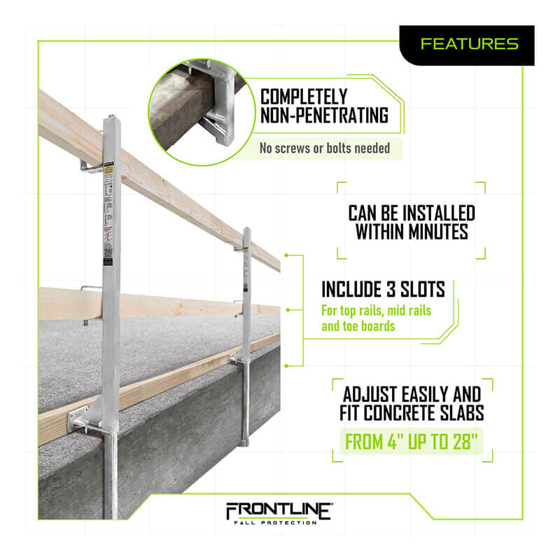 The Frontline Concrete Slab Grabber GUC2X4 by Frontline Fall Protection is a non-penetrating fall prevention system for concrete slabs, with adjustable clamps for 4–28 inch slabs and three slots for rails or boards to provide perimeter edge protection.
