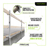 The Frontline Concrete Slab Grabber GUC2X4 by Frontline Fall Protection is a non-penetrating fall prevention system for concrete slabs, with adjustable clamps for 4–28 inch slabs and three slots for rails or boards to provide perimeter edge protection.