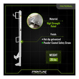 Infographic features the Frontline Concrete Slab Grabber GUC2X4, a metal safety railing post by Frontline Fall Protection for perimeter edge protection—high strength rated, hot dip galvanized, powder coated green, weighs 20 lbs. Logo shown below.