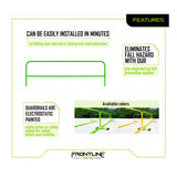 Diagram illustrating features of the Frontline Guardrail System for Concrete/Steel by Frontline Fall Protection, with easy installation, fall hazard elimination, electrostatic safety green or yellow finish, and images showing guardrail colors.