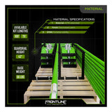 A digital graphic shows the Frontline Fall Protection Guardrail System Non-Penetrating Complete 100' Kit in safety green, with ASTM-rated steel, electrostatic paint, EPDM, 42" guardrail height, and 56 lbs bases for fall prevention.
