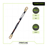 The Frontline Combat 3' Single Leg Snaphook Lanyard w/Shock Absorber by Frontline Fall Protection is displayed. It features two snap hooks, a shock absorber, and meets OSHA (1926, 1910) and ANSI (Z359.13) standards. Logo shown.