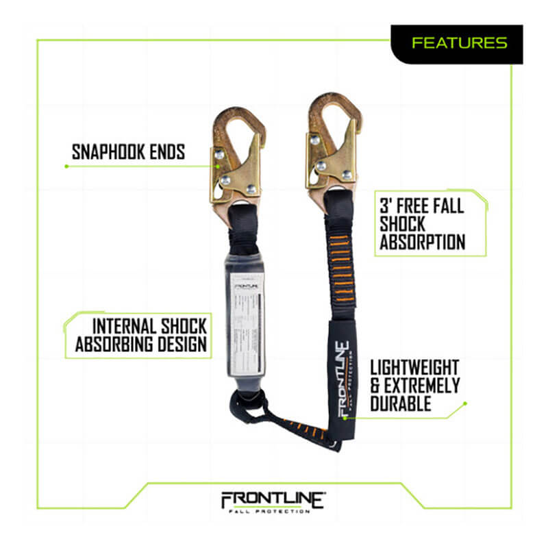 The image displays the Frontline Combat 3' Single Leg Snaphook Lanyard with Shock Absorber by Frontline Fall Protection, offering lightweight durability, internal shock absorption, and reliable 3-foot free fall protection.