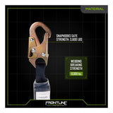 The Frontline Combat 3' Single Leg Snaphook Lanyard w/Shock Absorber by Frontline Fall Protection features a metal snaphook on black webbing. Snaphook Gate Strength: 3,600 lbs; Webbing Breaking Strength: 6,000 lbs. "Material" at top right.