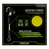 The Frontline Aramid Fiber Web SRL with Steel Rebar Hook End by Frontline Fall Protection features a durable aramid fiber web, polyethylene/polyester core, and carabiner. Available in 6 ft or 12 ft, it meets strict load capacity and arrest distance requirements.