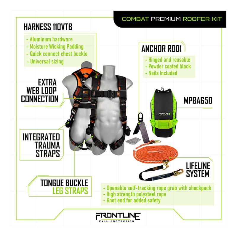The Frontline Combat Premium Roofers Kit with 50' VLL RK110V50 by Frontline Fall Protection includes a harness, lifeline, roof anchor, trauma straps, green backpack, and rope system for reliable roofing fall protection.
