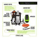 The Frontline Combat Premium Roofers Kit with 50' VLL RK110V50 by Frontline Fall Protection includes a harness, lifeline, roof anchor, trauma straps, green backpack, and rope system for reliable roofing fall protection.
