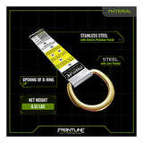 The Frontline Stainless Steel Permanent Roof Anchor by Frontline Fall Protection is corrosion-resistant, features a labeled tag, electro-polished finish, 1.9" D-ring opening, 0.35 lb weight, and zinc-plated steel parts—ideal for permanent roof anchoring.