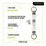 The Frontline Fall Protection Stainless Steel Permanent Roof Anchor with 2 D-rings fits roof peaks or flat areas, is low profile for installation under shingles, and includes galvanized nails for superior corrosion resistance.