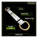 The Frontline Stainless Steel Permanent Roof Anchor by Frontline Fall Protection features two round gold-colored D-rings (1.9" openings), is made of corrosion-resistant, zinc-plated steel, has a stainless steel anchor, and weighs 0.7 lbs.