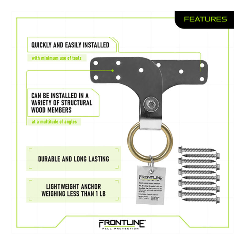 The Frontline Roof Wood Truss Anchor ROWT18 by Frontline Fall Protection is shown with installation screws. It’s lightweight (under 1 lb), made of durable stainless steel, easy to install, and compatible with wood members.