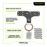 The Frontline Roof Wood Truss Anchor ROWT18 by Frontline Fall Protection is shown with installation screws. It’s lightweight (under 1 lb), made of durable stainless steel, easy to install, and compatible with wood members.