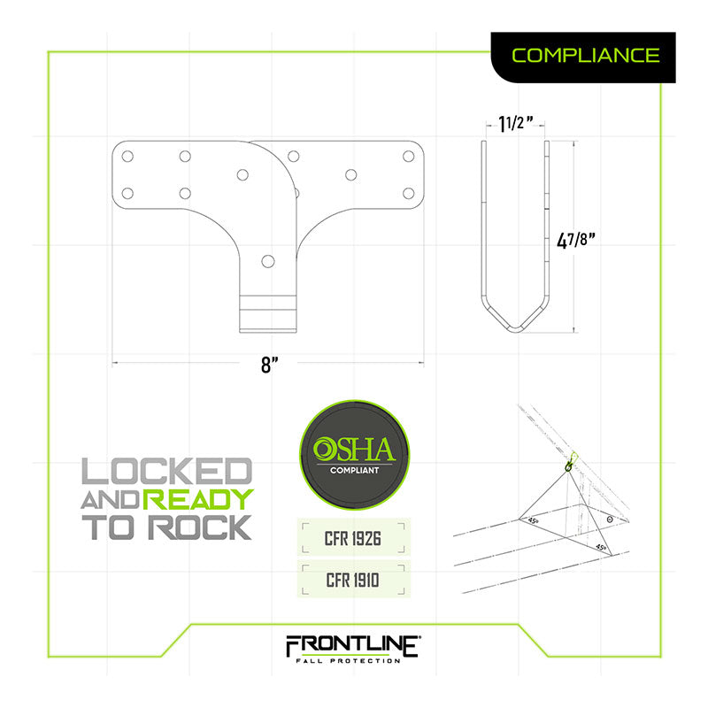 Technical drawing of the Frontline Roof Wood Truss Anchor ROWT18 in stainless steel, with OSHA, CFR 1926, and CFR 1910 labels, “Locked and Ready to Rock,” and Frontline Fall Protection branding—perfect for roof wood truss anchoring.