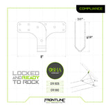 Technical drawing of the Frontline Roof Wood Truss Anchor ROWT18 in stainless steel, with OSHA, CFR 1926, and CFR 1910 labels, “Locked and Ready to Rock,” and Frontline Fall Protection branding—perfect for roof wood truss anchoring.