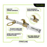 The Frontline Easy Slider Beam Walker Anchor (3.5"-14" I-Beams) by Frontline Fall Protection is a lightweight, corrosion-resistant aluminum anchor with adjustable clamps and a sliding feature for safe work relocation; branding is visible.