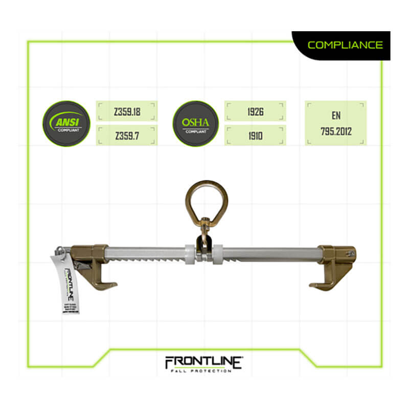 The Frontline Easy Slider Beam Walker Anchor (3.5"-14" I-Beams) by Frontline Fall Protection, featuring gold and silver parts, is shown on a white background with compliance labels for ANSI, OSHA, and EN 795:2012. Brand logo displayed below.
