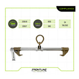 The Frontline Easy Slider Beam Walker Anchor (3.5"-14" I-Beams) by Frontline Fall Protection, featuring gold and silver parts, is shown on a white background with compliance labels for ANSI, OSHA, and EN 795:2012. Brand logo displayed below.