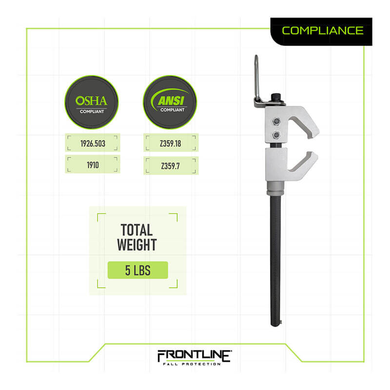 The Frontline Aluminum 18" Vertical Fixed Beam Anchor ST18AV by Frontline Fall Protection is shown on a white background, featuring OSHA and ANSI compliance icons, text stating its 5 lb weight, and the Frontline Fall Protection logo below.