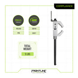 The Frontline Aluminum 18" Vertical Fixed Beam Anchor ST18AV by Frontline Fall Protection is shown on a white background, featuring OSHA and ANSI compliance icons, text stating its 5 lb weight, and the Frontline Fall Protection logo below.