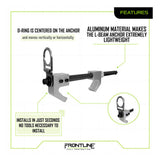 The Frontline Aluminum 18" Vertical Fixed Beam Anchor ST18AV by Frontline Fall Protection is shown, featuring lightweight aluminum construction, a movable D-ring swivel, fast tool-free installation, and adjustable orientation.
