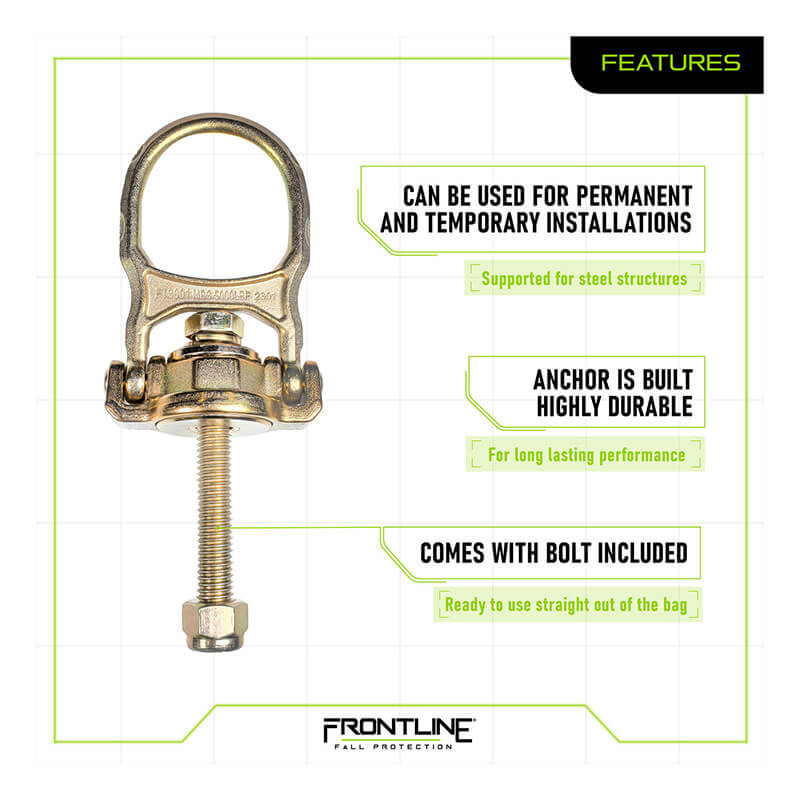 The Frontline Fall Protection ALPH 5K Steel Swivel Anchor with Bolt (STB5K) is labeled for steel structures and includes a bolt. Its 360° swiveling d-ring adds flexibility, making it ideal for permanent or temporary use.