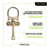 The Frontline Fall Protection ALPH 5K Steel Swivel Anchor with Bolt (STB5K) is labeled for steel structures and includes a bolt. Its 360° swiveling d-ring adds flexibility, making it ideal for permanent or temporary use.